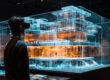 An architect designs a building using virtual reality. Concept: The future of architecture lies in AI, holograms and 3D design.