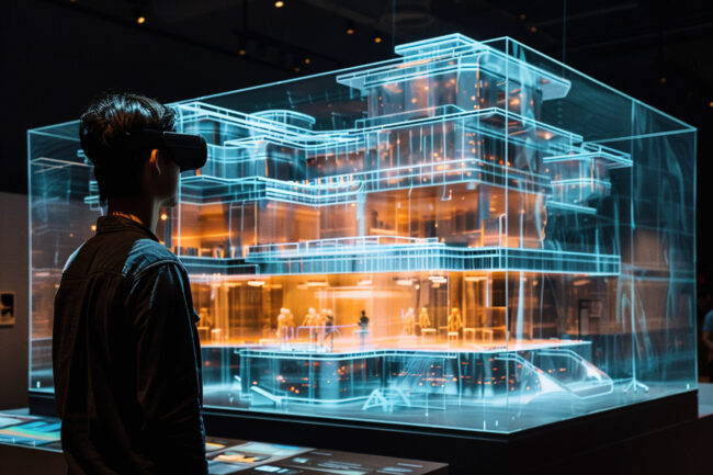 An architect designs a building using virtual reality. Concept: The future of architecture lies in AI, holograms and 3D design. An architect designs a building using virtual reality. Concept: The future of architecture lies in AI, holograms and 3D design.