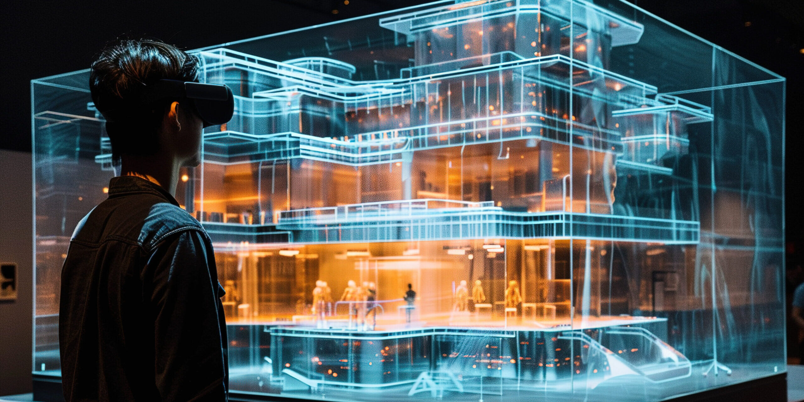 An architect designs a building using virtual reality. Concept: The future of architecture lies in AI, holograms and 3D design.